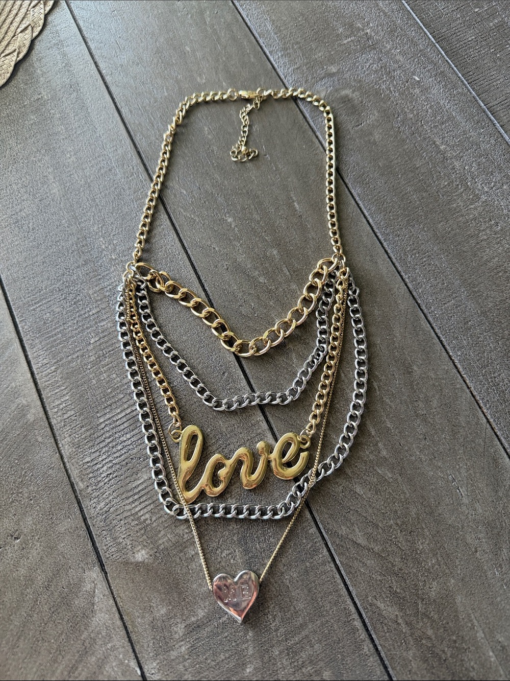 Gold & Silver 'Love' Multi-Chain Necklace with Heart Pendant